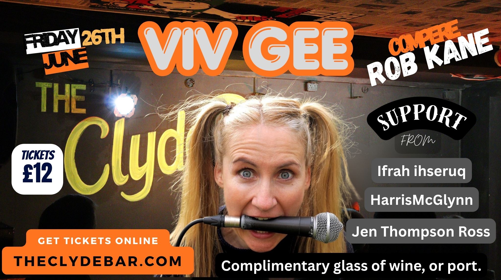 Viv Gee headlines live stand-up comedy at The Clyde Bar in Helensburgh on Friday 26th June